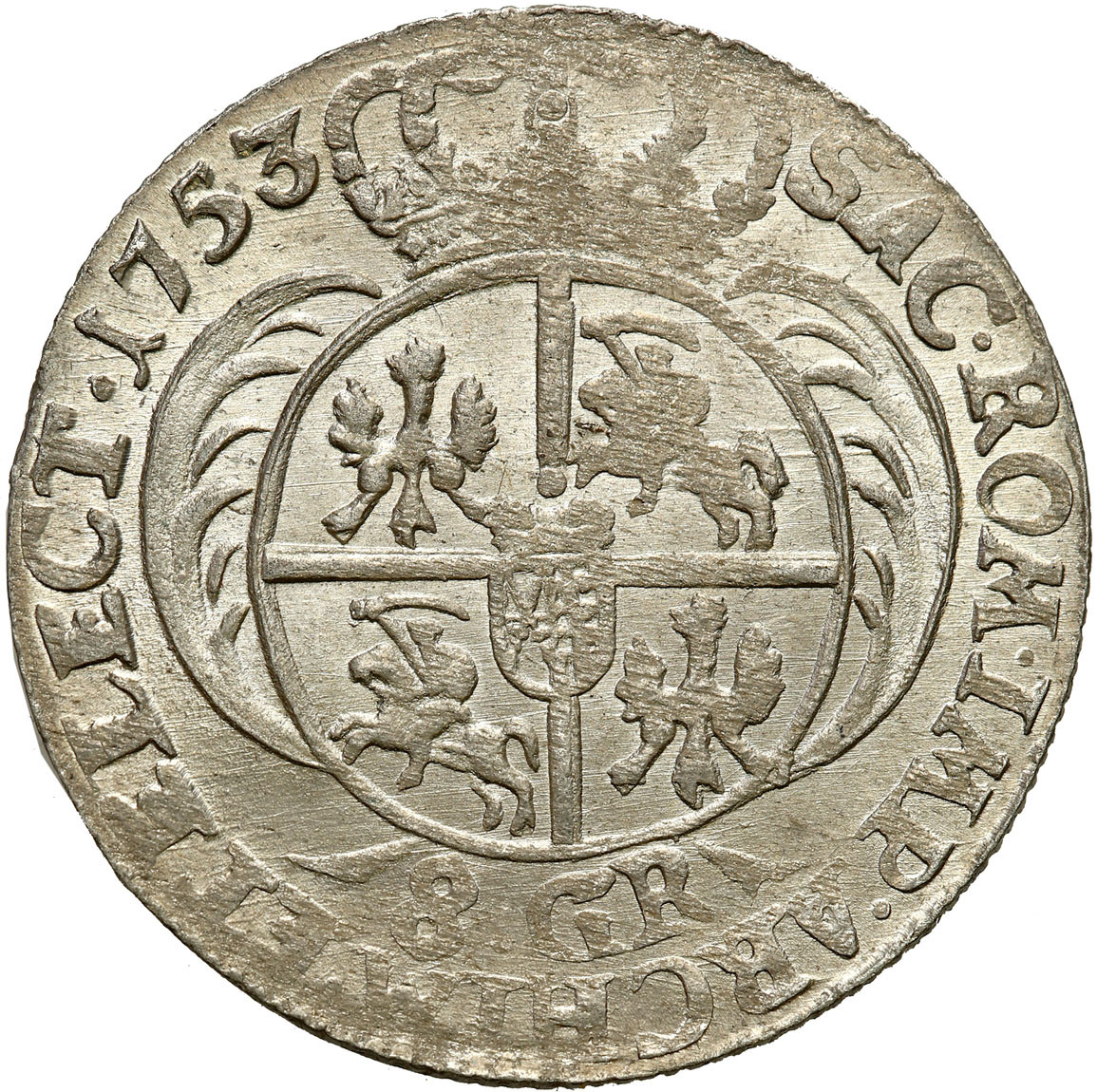 August III Sas. Dwuzłotówka (8 groszy) 1753 - bez liter EC - Lipsk NGC MS61 - WYŚMIENITA